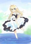  barefoot blonde_hair blue_eyes full_body kirisame_marisa long_hair no_hat no_headwear solo standing standing_on_one_leg strap_slip tes_(unpre) touhou wading water 