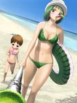  bad_id bad_pixiv_id beach bikini blush brown_eyes brown_hair child copyright_request day food food_print food_themed_clothes fruit green_eyes green_hair hat innertube mouth_hold multiple_girls ocean outdoors penpen_(penpen1942) popsicle short_hair staff swimsuit watermelon watermelon_bar watermelon_print 