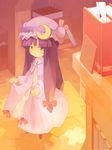  bangs blunt_bangs book_stack bow closed_mouth crescent expressionless full_body hair_bow indoors jitome library long_hair long_sleeves looking_at_viewer low-tied_long_hair patchouli_knowledge purple_eyes purple_hair shirohanamame_taichou solo standing touhou very_long_hair voile 