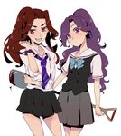  bad_id bad_pixiv_id blush brown_eyes brown_hair copyright_request long_hair multiple_girls necktie numeri ponytail purple_eyes purple_hair school_uniform shovel skirt vest 