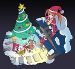  1girl bad_id bad_pixiv_id christmas christmas_tree copyright_request fukukitaru gift hat orange_hair santa_costume santa_hat snow thighhighs twintails 