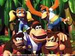  1girl 4boys aqua_eyes beanie black_eyes blonde_hair blue_eyes brown_eyes buttons cap chunky_kong clothes diddy_kong donkey_kong donkey_kong_(series) donkey_kong_64 floral_print hat jungle lanky_kong monkey multiple_boys nature necktie nintendo no_humans overalls plant rareware red_nose short_twintails solo suspenders tiny_kong tree twintails 