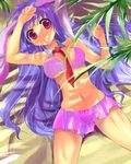  animal_ears arm_up bad_id bad_pixiv_id bikini bunny_ears from_above kobanzame long_hair lying necktie on_back purple_hair red_eyes red_neckwear reisen_udongein_inaba shade skirt solo swimsuit touhou 