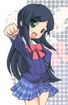  :d bow clenched_hand etou_mei foreshortening gakuen_utopia_manabi_straight! green_eyes hand_on_hip k10k long_hair massugu_go open_mouth pink_bow plaid plaid_skirt seiou_gakuen_school_uniform skirt smile solo zoom_layer 