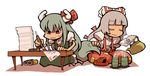  angry chibi cup ex-keine fujiwara_no_mokou horn_ribbon horns hounori kamishirasawa_keine kettle multiple_girls pouring ribbon scroll tail tea teacher test touhou 