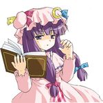  book bow kotowari_(newtype_kenkyuujo) patchouli_knowledge pink_bow purple_eyes purple_hair solo touhou 