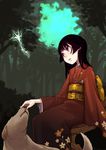  ayakura_juu black_hair dog forest japanese_clothes kimono long_hair nature original purple_eyes sitting solo 