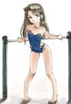  barefoot blue_eyes brown_hair copyright_request flat_chest horizontal_bar long_hair one-piece_swimsuit petite rasukaru sketch solo swimsuit 