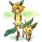  animal_ears bare_shoulders blonde_hair blush_stickers brown_eyes costume detached_sleeves gen_4_pokemon hitec kneehighs leaf leafeon moemon personification pokemon pokemon_(creature) short_hair simple_background socks standing tail 