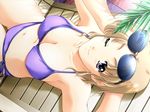  bikini blonde_hair chair dousoukai_refrain from_above game_cg lounge_chair mizutani_tooru non-web_source one_eye_closed purple_eyes short_hair side-tie_bikini solo sunglasses swimsuit 