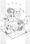  4girls alcohol ayase_ruko ayase_yuuto chibi food glasses greyscale highres kamishiro_yukari_(nogizaka_haruka) maid monochrome multiple_girls nogizaka_haruka nogizaka_haruka_no_himitsu non-web_source party sakurazaka_hazuki shaa sukiyaki table television wine 