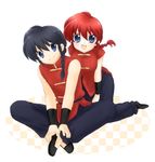  1girl black_hair blue_eyes blush braid breasts chinese_clothes dual_persona flat_chest genderswap genderswap_(mtf) medium_breasts no_socks ranma-chan ranma_1/2 red_hair saotome_ranma single_braid tangzhuang usashiro_mani 