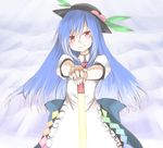  blue_hair food fruit hane_(hanegoya) hat hinanawi_tenshi leaf long_hair peach red_eyes solo sword sword_of_hisou touhou weapon 