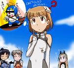  ? blonde_hair blue_eyes blue_gloves blue_leotard brown_eyes brown_hair doraemon doraemon_(character) elise_von_dietrich gloves grey_gloves grey_leotard ichijou_eika imagining kakkii leotard long_hair mohawk motion_slit multiple_girls orange_leotard partially_translated pun sakurano_otoha short_hair sky_girls sonomiya_karen sweatdrop thinking translation_request white_leotard 