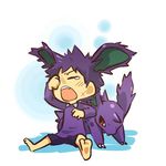  animal_ears barefoot closed_eyes costume fang full_body gen_1_pokemon hitec horns male_focus moemon nidoran personification pokemon pokemon_(creature) purple_hair scratches simple_background sitting tears 