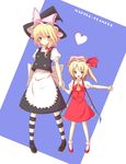  apron black_footwear blonde_hair blush bow brown_eyes character_name dress flandre_scarlet full_body hair_bow hat hat_bow heart height_difference holding_hands huei_nazuki kirisame_marisa kneehighs mob_cap multiple_girls one_side_up red_eyes red_footwear shoes smile socks standing striped striped_legwear touhou wings witch_hat yuri 