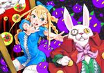  :3 alice_(wonderland) alice_in_wonderland blonde_hair blue_eyes cheshire_cat garters outstretched_arm outstretched_hand pocket_watch reaching sanae_(satansanae) watch white_rabbit 