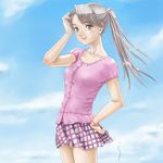  adjusting_hair brown_eyes copyright_request long_hair ponytail rasukaru silver_hair skirt smile solo 