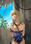  arms_behind_back blonde_hair breasts breasts_outside chain chained cleavage gloves green_eyes highres kagura_dfc large_breasts long_hair looking_at_viewer nipples panties solo sophitia_alexandra soulcalibur torn_clothes torn_gloves underwear 