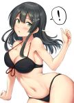  ! 1girl :o alternate_costume bangs bare_arms bare_shoulders bikini black_bikini black_hair blush breasts collarbone commentary_request cowboy_shot eyebrows_visible_through_hair front-tie_bikini front-tie_top green_eyes groin hair_ornament hairclip halterneck highres ichikawa_feesu kantai_collection large_breasts long_hair looking_at_viewer navel open_mouth oyashio_(kantai_collection) simple_background sitting skindentation solo stomach suggestive_fluid swimsuit 