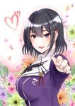  1girl black_hair black_neckwear black_ribbon brown_eyes flower haguro_(kantai_collection) hair_ornament hairclip heart highres jacket kantai_collection looking_at_viewer open_mouth outstretched_arm petals purple_eyes purple_jacket remodel_(kantai_collection) ribbon short_hair smile solo suuyu_siba twitter_username upper_body 