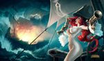  ass blue_eyes breasts gun hat league_of_legends long_hair miss_fortune nipples nude nude_filter open_mouth photoshop pirate rain red_hair sarah_fortune ship weapon 