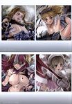  4girls absurdres armor blonde_hair blush braid breasts claudette claudette_(queen's_blade) clawdette elina helmet highres large_breasts leina long_hair looking_at_viewer multiple_girls nipples open_mouth queen&#039;s_blade queen's_blade red_hair smile torn_clothes weapon ymir ymir_(queen's_blade) 