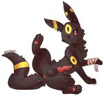  2012 animal_genitalia anus balls black_fur blush butt canine_penis cute eeveelution erection feral fur knot lying male nintendo nude on_side pawpads paws penis plain_background pok&#233;mon pokemon precum red_eyes shugowah signature solo spread_legs spreading umbreon video_games white_background 