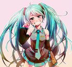  aqua_eyes aqua_hair bad_id bad_pixiv_id bare_shoulders blush detached_sleeves grin hatsune_miku headset long_hair looking_at_viewer necktie ryouga_(fm59) skirt smile solo twintails very_long_hair vocaloid 