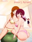  arm_up ass bikini blush breasts brown_eyes brown_hair cameltoe cleavage hino_masako hoshizora_ikuyo kise_chiharu large_breasts long_hair looking_back mature multiple_girls niwatori_kokezou one-piece_swimsuit open_mouth plump ponytail precure purple_eyes purple_hair short_hair skindentation smile smile_precure! swimsuit wading 