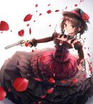  1girl absurdres alswp5806 bangs bare_shoulders black_skirt black_sleeves black_tea_(food_fantasy) blurry blurry_foreground blush breasts brown_hair brown_hat closed_mouth commentary_request depth_of_field detached_sleeves dual_wielding eyebrows_visible_through_hair flower food_fantasy gun handgun hat hat_flower highres holding holding_gun holding_weapon juliet_sleeves layered_skirt long_hair long_sleeves medium_breasts petals pistol pleated_skirt puffy_sleeves red_eyes red_flower red_rose revolver rose skirt smile solo strapless striped_sleeves weapon white_background 