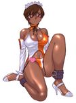  anklet blush breasts brown_eyes brown_hair cleavage dark_skin dead_or_alive detached_sleeves halterneck high_heels jewelry large_breasts lisa_hamilton maid_headdress race_queen shiny shiny_skin shoes short_hair sitting solo swimsuit very_dark_skin zero_hime 