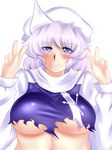  bad_id bad_pixiv_id blue_eyes blush breasts double_v embarrassed highres large_breasts lavender_hair letty_whiterock looking_at_viewer meganemausu no_bra short_hair snowflakes solo symbol-shaped_pupils torn_clothes touhou underboob v 