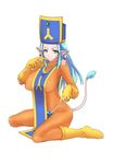  1girl blue_eyes blue_hair blush bodysuit boots breasts buri chunsoft cosplay dragon_quest dragon_quest_iii dragon_quest_x enix gloves highres horns large_breasts long_hair mitre navel ogre_(dq10) pointy_ears priest_(dq3) priest_(dq3)_(cosplay) red_skin simple_background sitting skin_tight slime_(dragon_quest) smile solo strap_pull tabard tail tattoo wariza white_background 