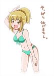  aqua_swimsuit bikini blonde_hair blush breasts cleavage hair_ornament hairclip harunatsu_akito hetare_ane long_hair medium_breasts navel open_mouth ponytail shinomura_mana smile solo swimsuit translated wading water yellow_eyes 