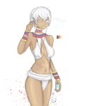  bare_shoulders beats_by_dr._dre bikini blue_eyes bracelet breasts dark_skin digital_media_player duck_hermano elena_(street_fighter) headphones highres jewelry listening_to_music midriff navel neck_ring one_eye_closed short_hair solo street_fighter street_fighter_iii_(series) swimsuit white_hair 