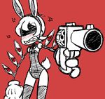  aiming_at_viewer angry animal_ears bad_id bad_pixiv_id blush bunny_ears bunny_tail bunnysuit embarrassed fake_animal_ears gias-ex-machella gloves gun hairband mechanical_arms nose_blush peacock_(skullgirls) red red_background shaded_face sharp_teeth short_hair simple_background sketch skullgirls solo tail teeth thighhighs weapon 