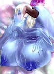  1girl blue_skin breasts demon_girl dodai_shouji gigantic_breasts highres horns licking nipples original pointy_ears red_eyes short_hair sho~taro solo tongue wet white_hair 