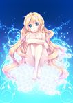  1girl :o blonde_hair blue_eyes blush breasts female flower hair_down highres kyoukai_senjou_no_horizon kyoukaisenjou_no_horizon leg_hug long_hair mary_stuart nipples nude scar shinolion sitting solo very_long_hair 