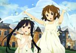  absurdres black_hair brown_eyes brown_hair day hair_ornament hairclip highres hirasawa_yui horiguchi_yukiko k-on! k-on!_movie long_hair megami multiple_girls nakano_azusa official_art scan short_hair sky twintails 