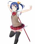  :o arm_up black_legwear blue_eyes blue_hair chuunibyou_demo_koi_ga_shitai! eyepatch highres holding masamuuu one_side_up outstretched_arm plaid plaid_skirt school_uniform simple_background skirt solo sword takanashi_rikka thighhighs weapon white_background 