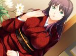  1girl blush breasts censored flower game_cg green_eyes hitotsuma_yukino_to:_tsuma_ga_onna_ni_kawaru_toki indoors japanese_clothes kimono large_breasts long_hair looking_at_viewer maika purple_hair solo standing yukishiro_yukino 