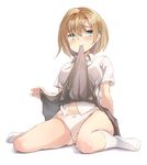  blue_eyes blush brown_hair hair_ornament hairclip mouth_hold navel original panties shirt short_hair sitting skirt skirt_in_mouth skirt_lift socks solo supertie underwear wariza white_background white_panties white_shirt 