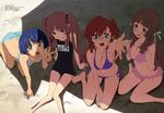  absurdres ano_natsu_de_matteru barefoot beach bikini blue_hair breasts brown_hair cleavage feet fingers flat_chest hands highres kitahara_mio large_breasts long_legs medium_breasts megami megami_deluxe midriff multiple_girls navel official_art old_school_swimsuit one-piece_swimsuit palms red_hair sand scan school_swimsuit small_breasts swimsuit takatsuki_ichika tanaka_masayoshi tanigawa_kanna toe_scrunch toes yamano_remon 