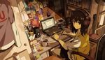  1girl bedroom black_hair book bookshelf brown_eyes chair commentary_request computer cup desk headphones highres holding holding_stylus indoors laptop mouse_(computer) neko_(yanshoujie) original painttool_sai recursion saigyouji_yuyuko scissors sepia short_hair sitting solo speaker tablet tissue_box touhou 