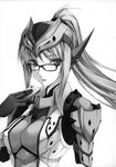  barioth_(armor) breasts cellphone glasses greyscale headdress highres hipster kizuki_aruchu large_breasts monochrome monster_hunter phone ponytail solo 
