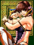  bracelet braid breasts brown_eyes brown_hair dead_or_alive dead_or_alive_5 fighting_stance flower groin hair_flower hair_ornament hair_ribbon highleg highleg_panties highleg_swimsuit highres jewelry large_breasts lei_fang lips lowleg lowleg_pants oogami_makoto_(artist) panties pants ribbon sideboob solo striped striped_pants swimsuit toned twin_braids underwear 