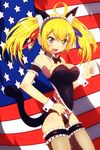  :d ahoge american_flag animal_ears blonde_hair blue_eyes blush breasts cat_ears cat_tail detached_collar fang fingernails fishnets flag flag_background garters hair_ribbon hairband highres large_breasts leotard open_mouth original petite ribbon smile solo star tail thighhighs tom_(drpow) twintails 