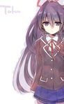  :| character_name closed_mouth date_a_live long_hair looking_at_viewer mishima_kurone purple_eyes purple_hair school_uniform simple_background skirt solo very_long_hair white_background yatogami_tooka 