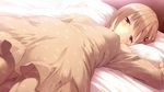  bed blush brown_hair lying nanatsu_no_fushigi_no_owaru_toki on_bed pajamas pillow short_hair solo sweat toochika_misaki ueda_ryou 